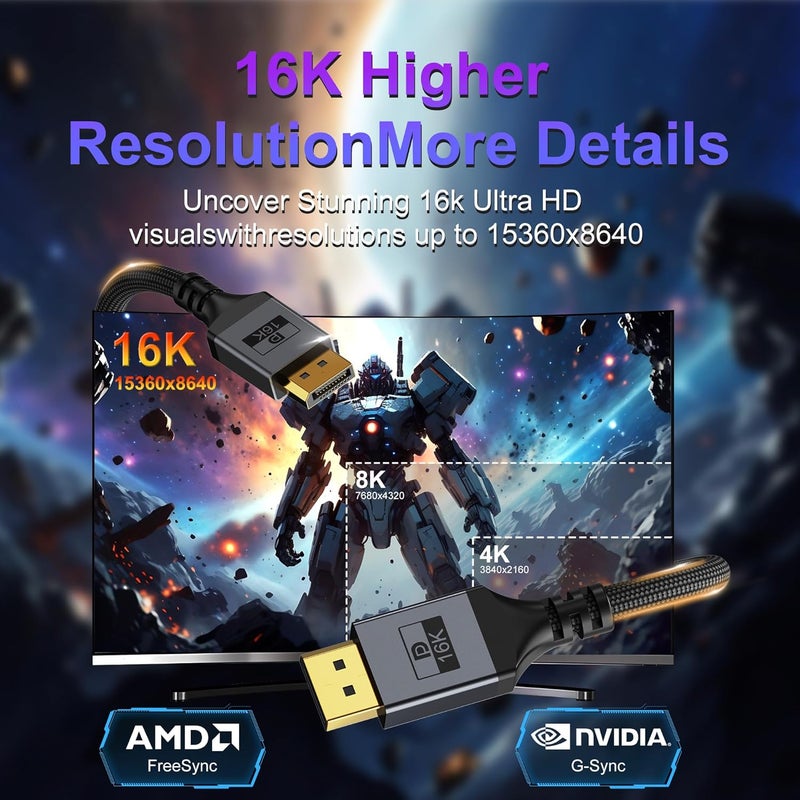 DGHUMEN 16K Displayport Cable 2.1, DP 2.1 Cable [16K@60Hz, 8K@120Hz, 4K@240Hz 165Hz 144Hz] Support 80Gbps HDR, DSC 1.2a, Braided Display Port Cable Cord Compatible FreeSync G-Sync Video Card Monitor, 3.3FT - Image 2